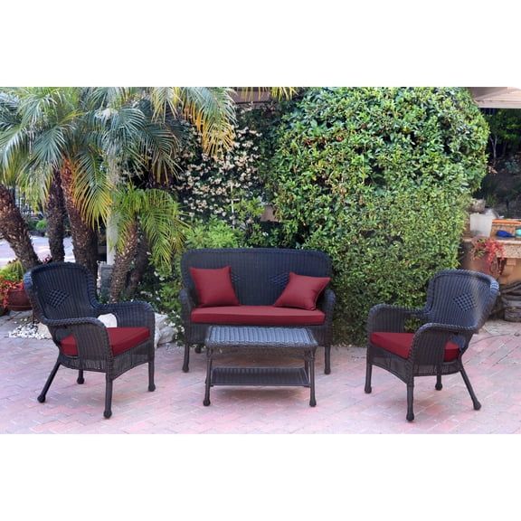 Jeco 4pc Windsor Black Wicker Conversation Set - Red Cushions