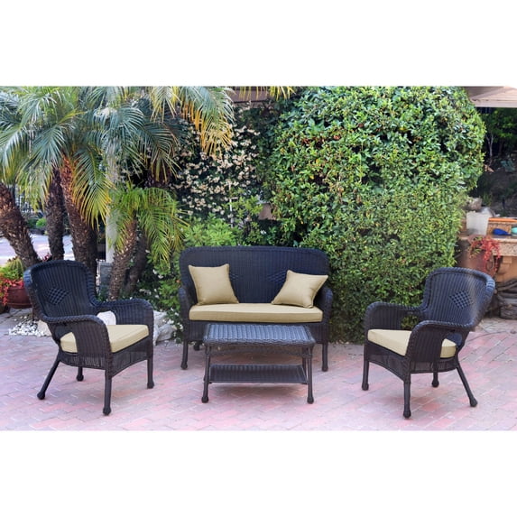 Jeco 4pc Windsor Black Wicker Conversation Set - Tan Cushions