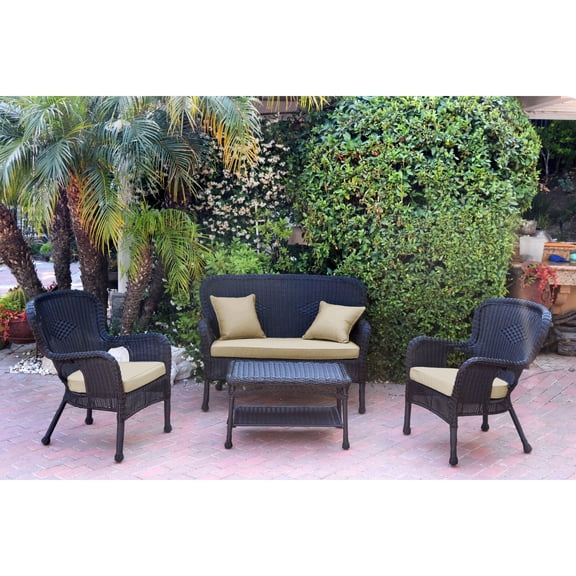 Jeco 4pc Windsor Black Wicker Conversation Set - Tan Cushions