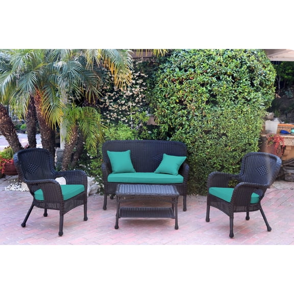 Jeco 4pc Windsor Black Wicker Conversation Set - Turquoise Cushions