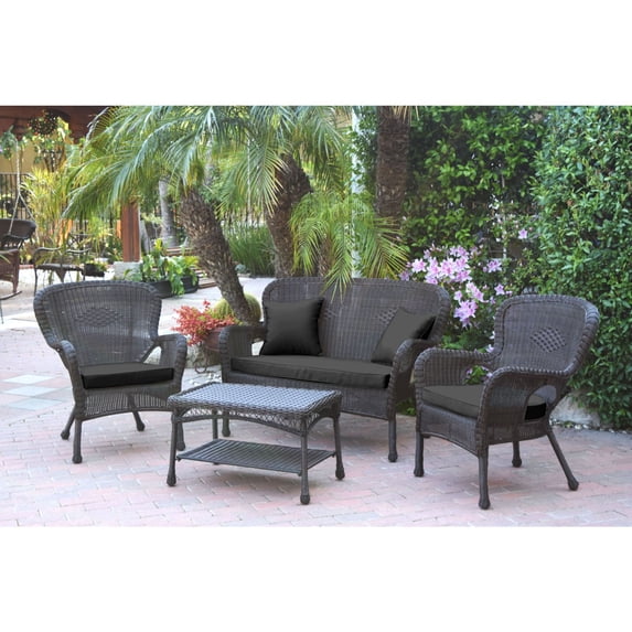 Jeco 4pc Windsor Espresso Wicker Conversation Set - Black Cushions