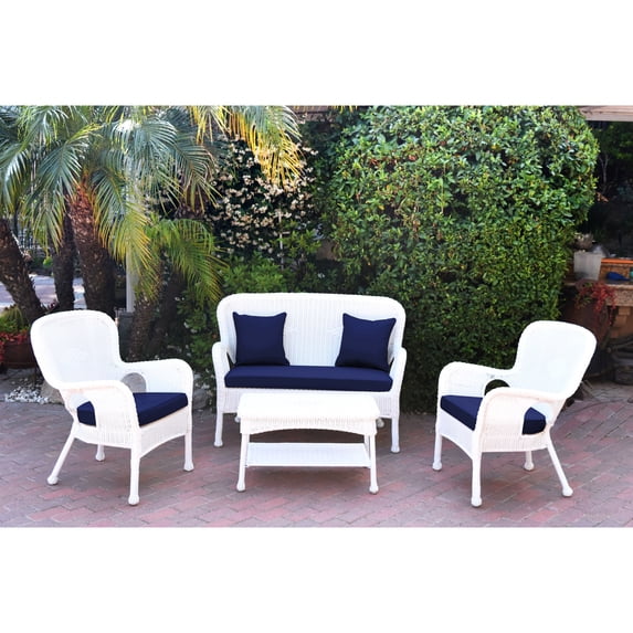 Jeco 4pc Windsor White Wicker Conversation Set - Midnight Blue Cushions