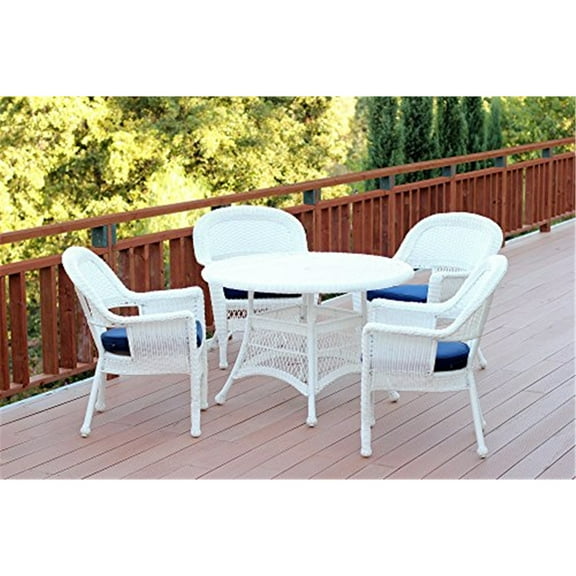 Jeco 5 Piece Resin Wicker Outdoor Patio Dining Set in White with Blue Cushion