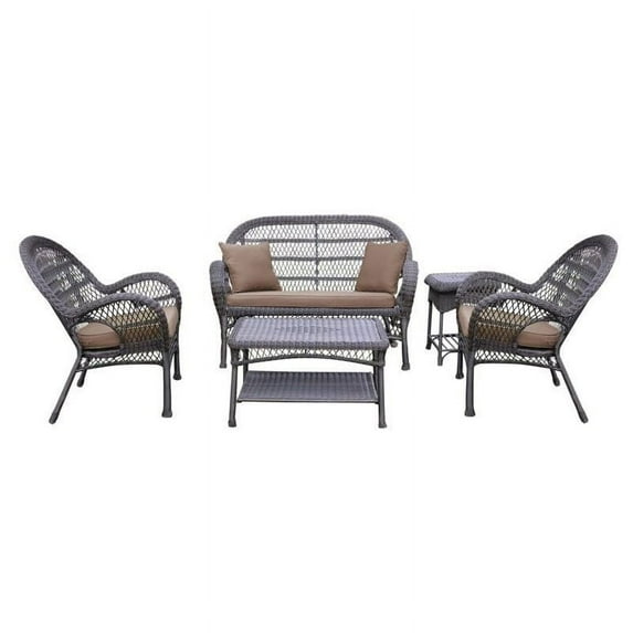 Jeco 5 Piece Wicker Conversation Set in Espresso with Brown Cushions