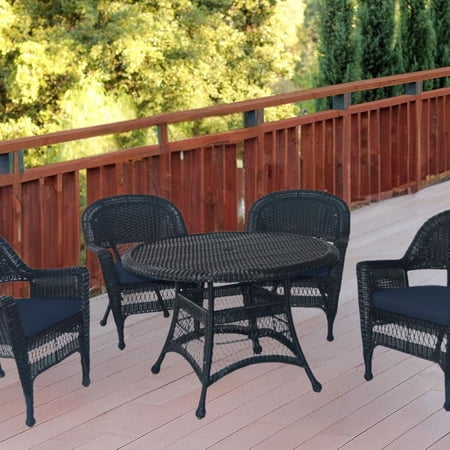 Jeco 5pc Black Wicker Dining Set - Midnight Blue Cushions-Finish:Black