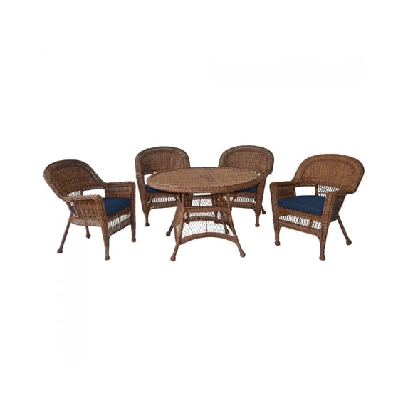 Jeco 5pc Black Wicker Dining Set - Midnight Blue Cushions-Finish:Honey