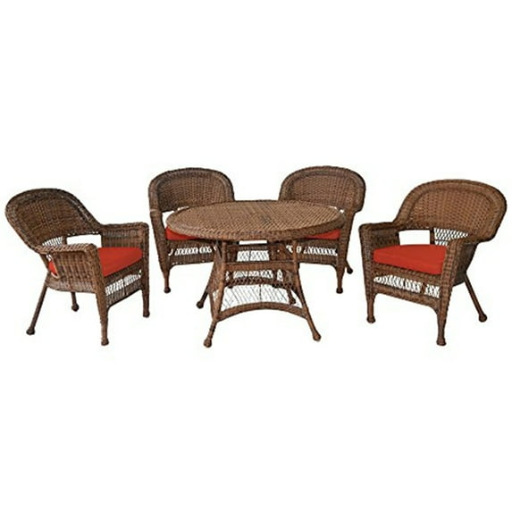 Jeco 5pc Black Wicker Dining Set - Brick Red Cushions-Finish:Honey
