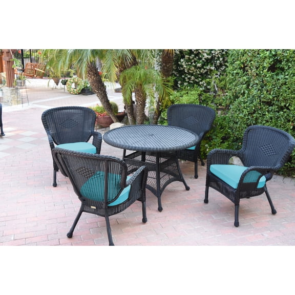 Jeco 5pc Windsor Black Wicker Dining Set - Sky Blue Cushions