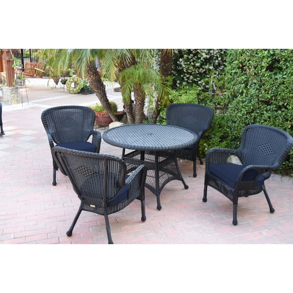 Jeco 5pc Windsor Black Wicker Dining Set - Midnight Blue Cushions