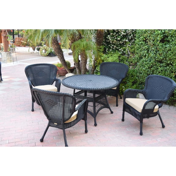 Jeco 5pc Windsor Black Wicker Dining Set - Tan Cushions