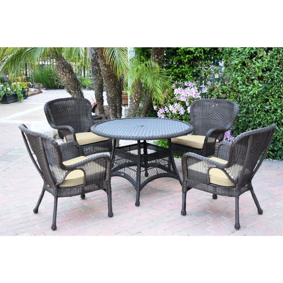 Jeco 5pc Windsor Espresso Wicker Dining Set with Ivory Cushions
