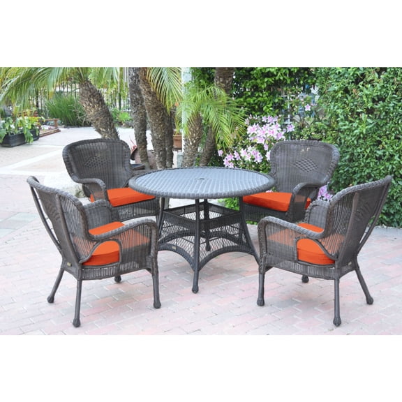 Jeco 5pc Windsor Espresso Wicker Dining Set with Orange Cushions