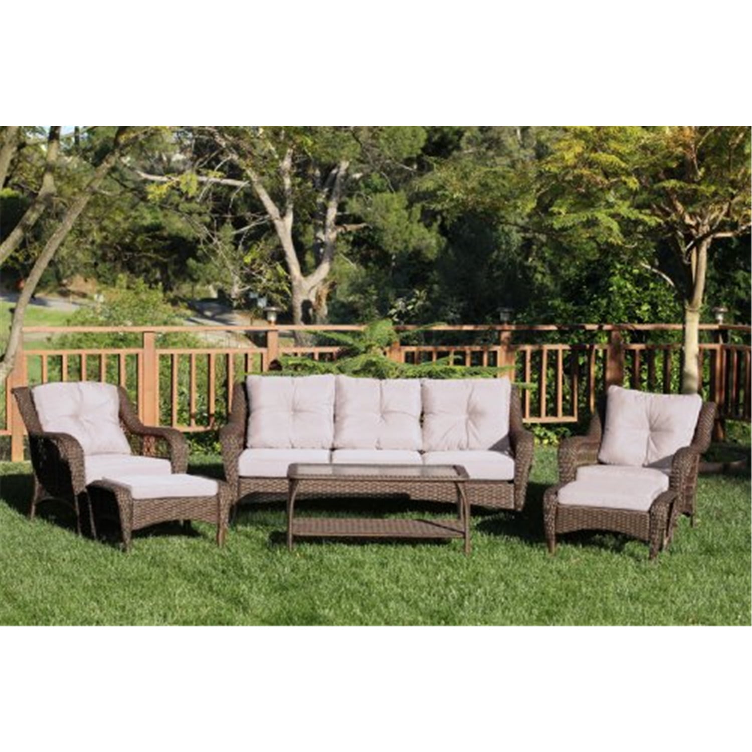 Jeco 6 Piece Resin Wicker Outdoor Patio Seating Set in Espresso/Tan Cushions
