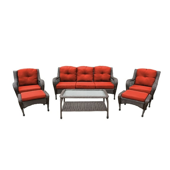 Jeco 6pc Wicker Seating Set in Espresso with Red Cushions