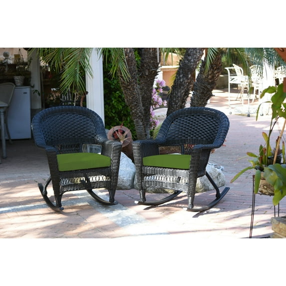Jeco Black Rocker Wicker Chair with Hunter Green Cushion - Set of 2