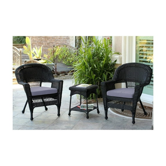 Jeco Black Wicker Chair And End Table Set With Steel Blue Cushion