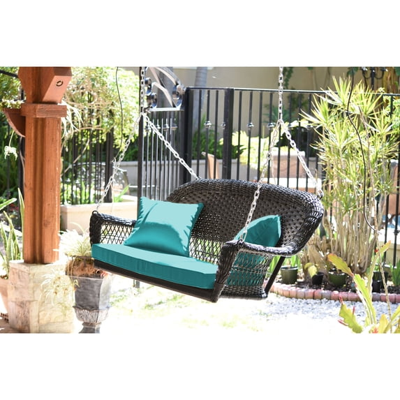 Jeco Black Resin Wicker Porch Swing with Turquoise Cushion