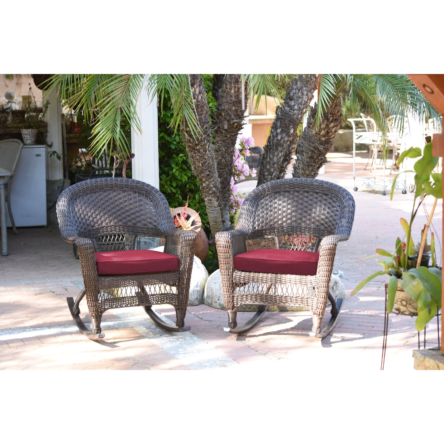 Coffee Rocking Chair Jeco Espresso Rocker Wicker Chair with Red Cushion - Set of 2 - Walmart.com