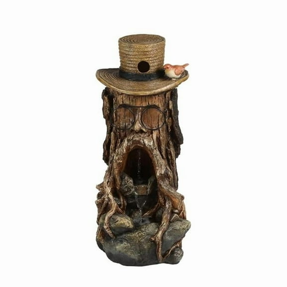 Jeco FCL187 Resin Tree Stump Face Fountain with LED Light And Bird House, Natural