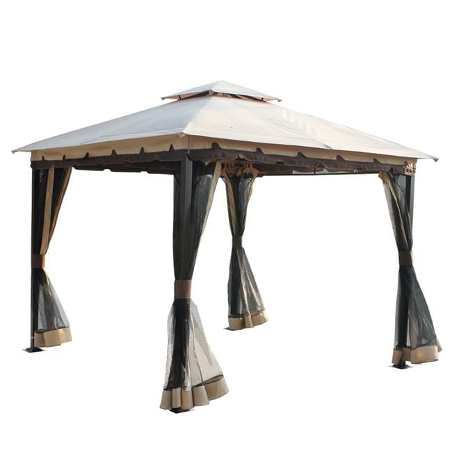 Beige 10 x 10 ft Steel Gazebo with Double Roof & Netting