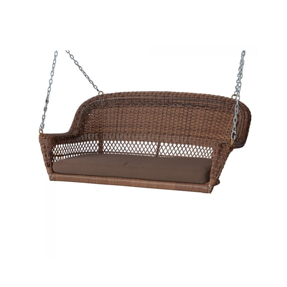 Jeco Honey Resin Wicker Hanging Porch Swing with Cushion in Brown