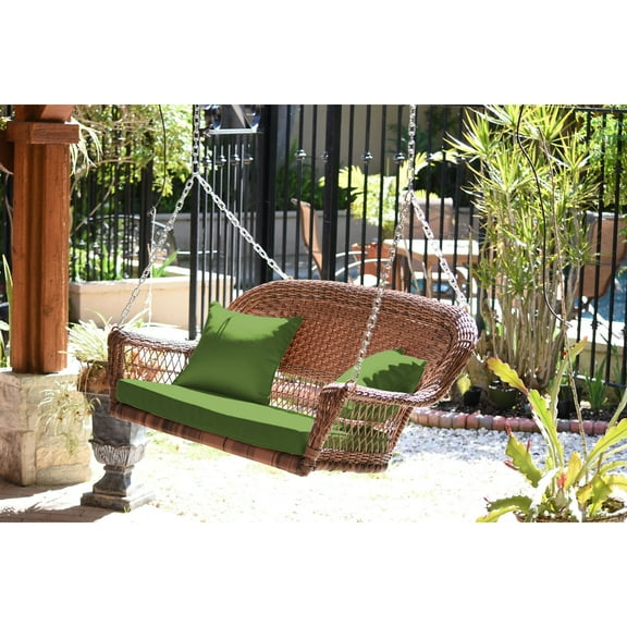Jeco Honey Resin Wicker Porch Swing with Hunter Green Cushion