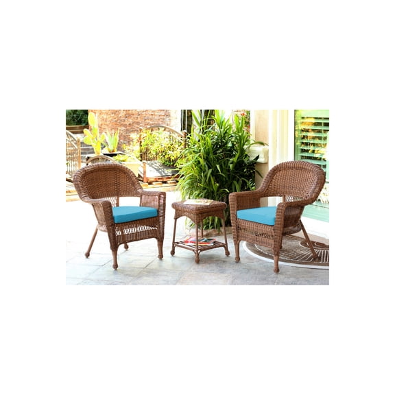 Jeco Honey Wicker Chair And End Table Set With Sky Blue Chair Cushion
