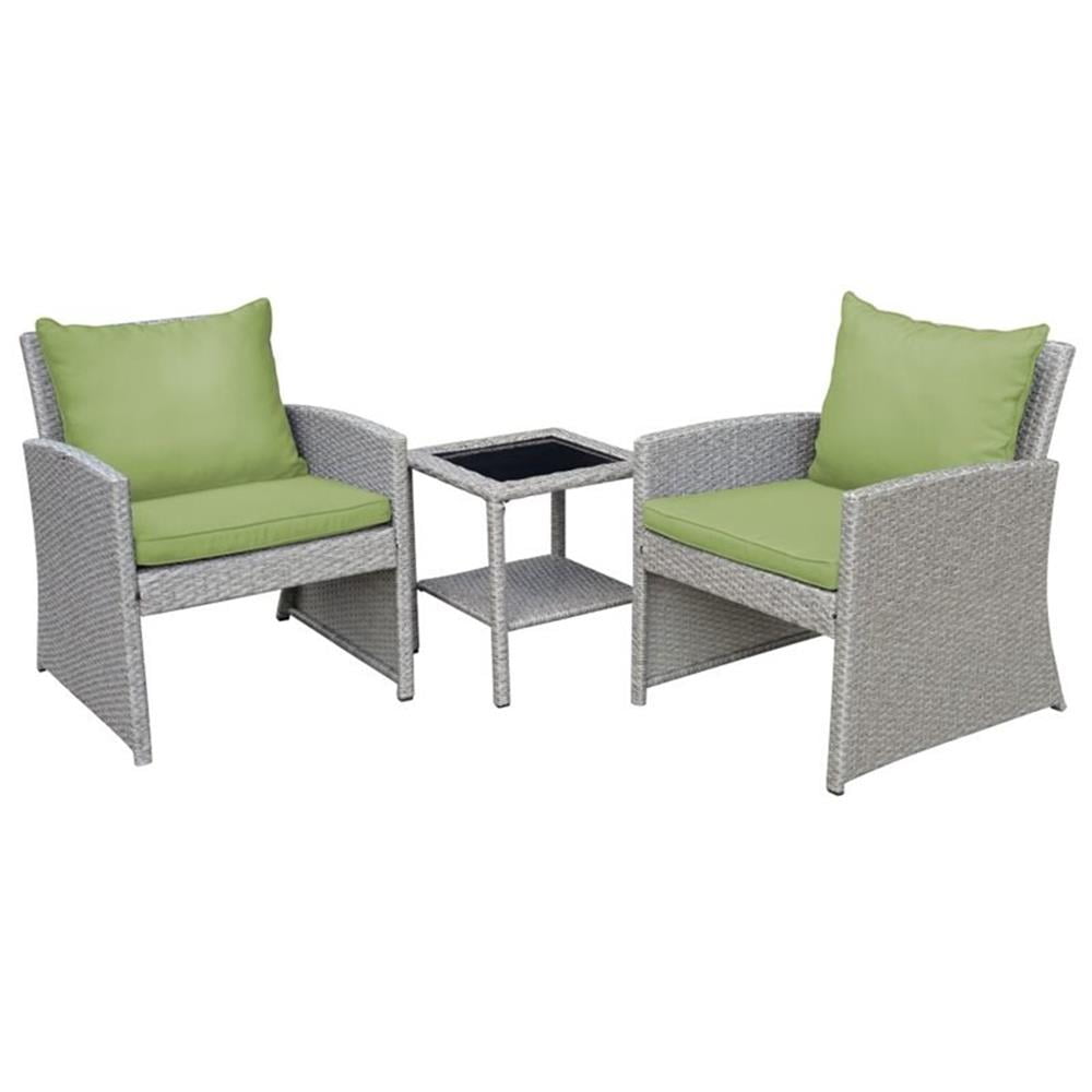 Gray Wicker Bistro Set with Sage Green Cushions and Glass Table