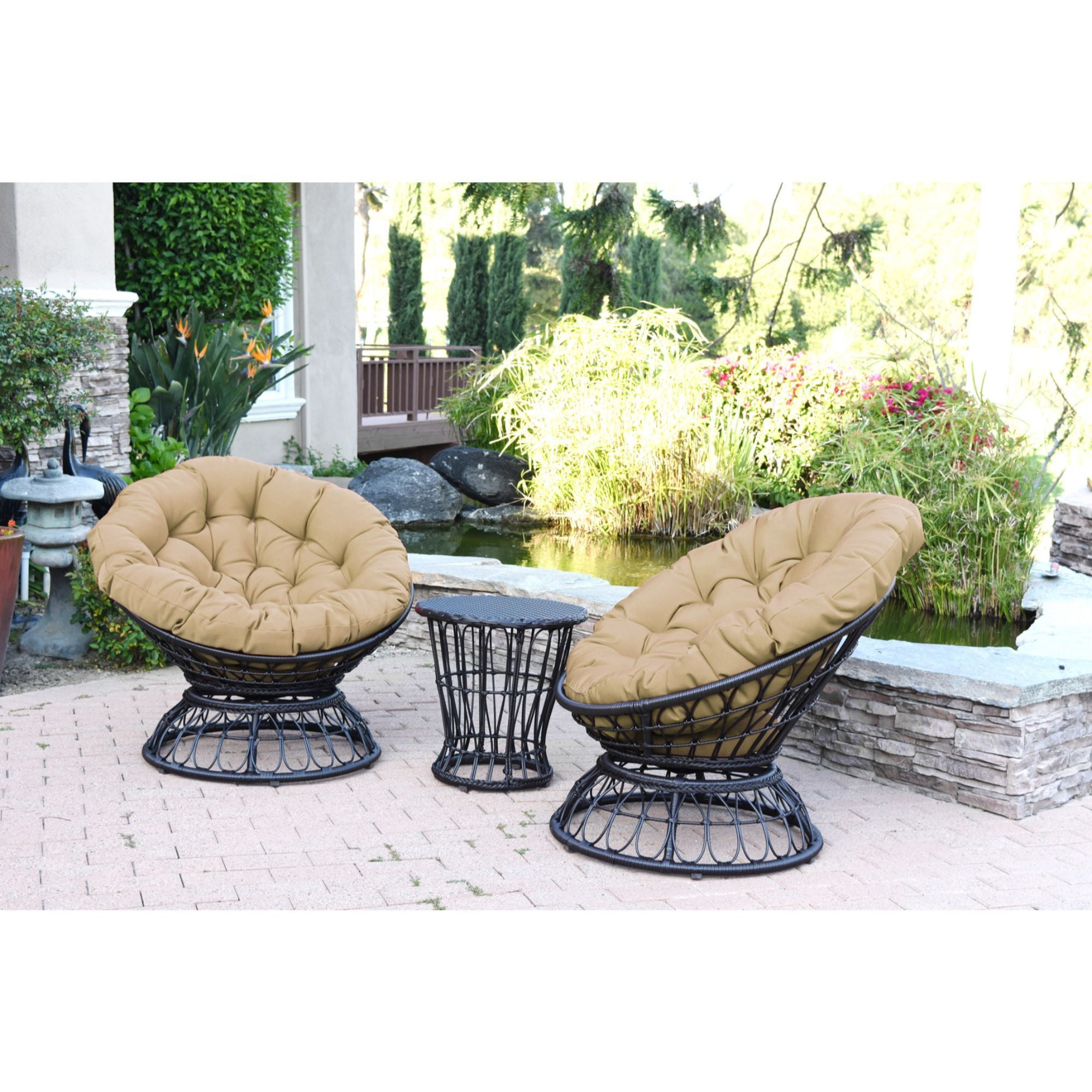 Jeco OF-SC001-2-CES006 Papasan Espresso Wicker Swivel Chair & Table Set with Tan Cushion