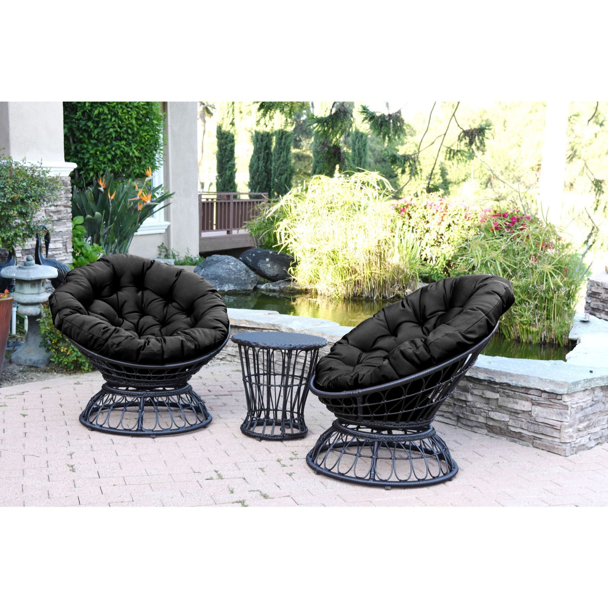 Jeco OF-SC001-2-CES017 Papasan Espresso Wicker Swivel Chair & Table Set with Black Cushions