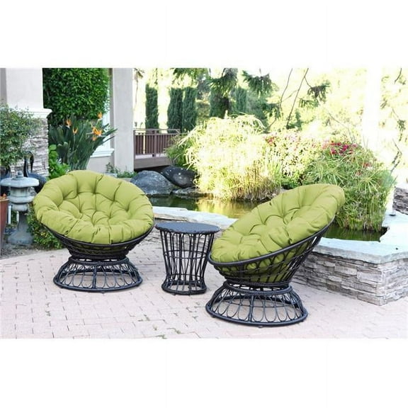 Jeco OF-SC001-2-CES029 Papasan Espresso Wicker Swivel Chair & Table Set with Sage Green Cushions