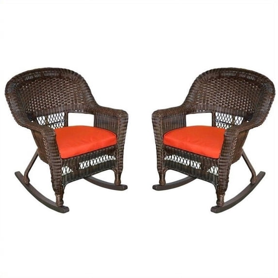 Jeco Rocker Wicker Chair in Espresso with Red Cushion (Set of 2)