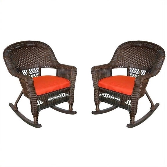 Jeco Rocker Wicker Chair in Espresso with Red Cushion (Set of 2)