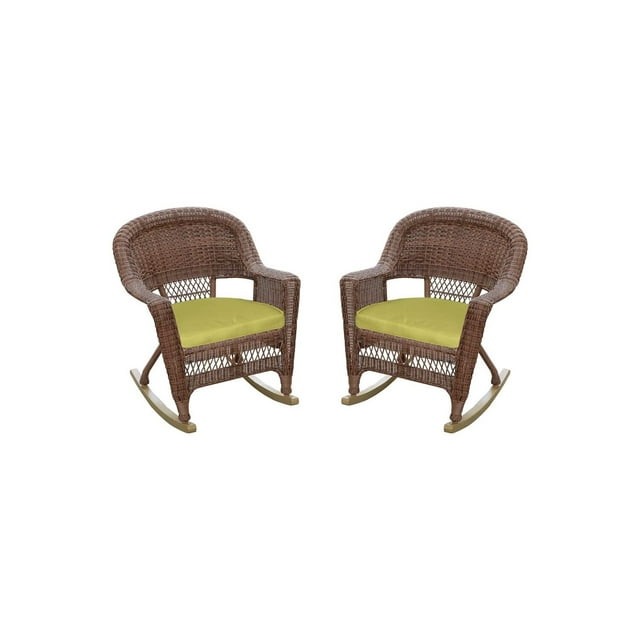 Jeco Rocker Wicker Chair with Green Cushion - Set of 2-Finish:Honey