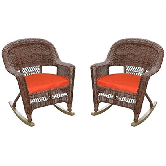 Jeco White Rocker Wicker Chair with Brick Red Cushion- Set of 2-Finish:Honey