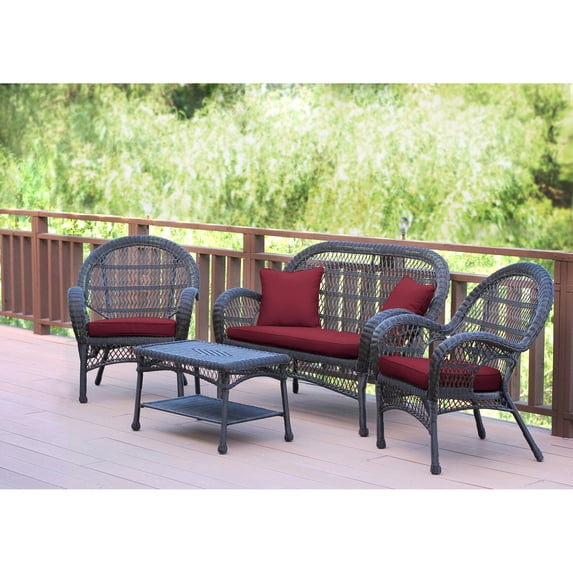 Jeco 4pc Santa Maria Espresso Wicker Conversation Set - Red Cushions