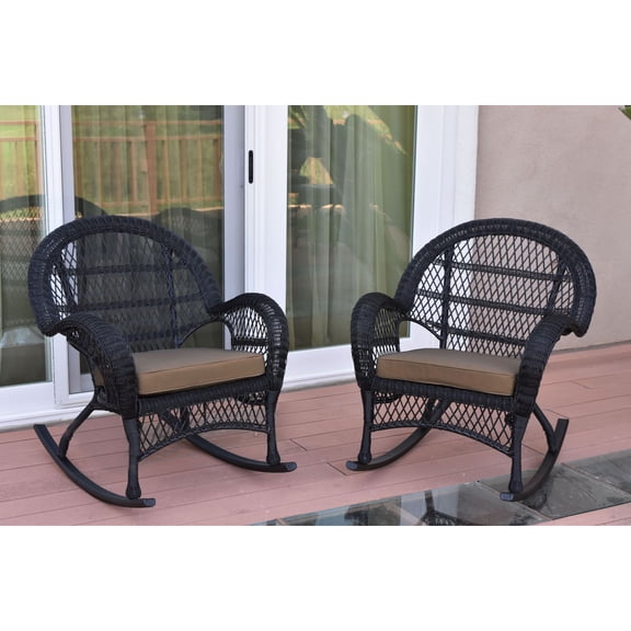 Jeco Santa Maria Black Wicker Rocker Chair with Brown Cushion - Set of 2