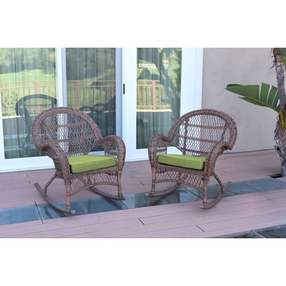 Jeco Santa Maria Honey Wicker Rocker Chair with Sage Green Cushion - Set of 2