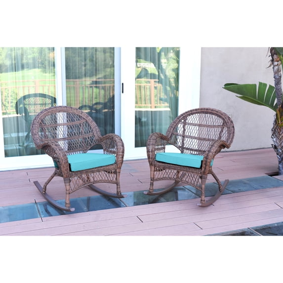 Jeco Santa Maria Honey Wicker Rocker Chair with Sky Blue Cushion - Set of 2
