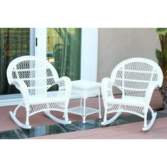 Jeco Santa Maria White Rocker Wicker Chair and End Table Set White- No Cushions