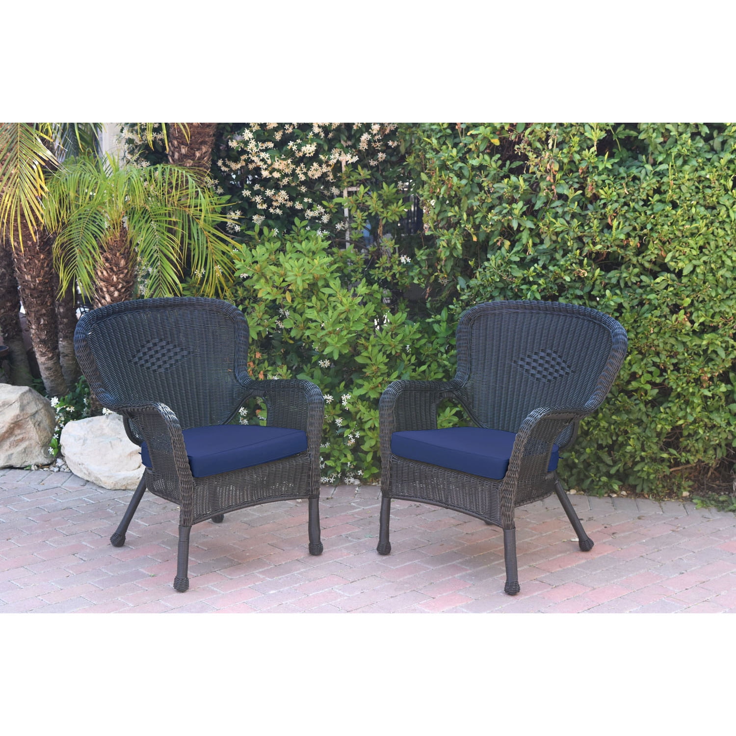 Jeco Set of 2 Windsor Black Resin Wicker Chair with Midnight Blue ...