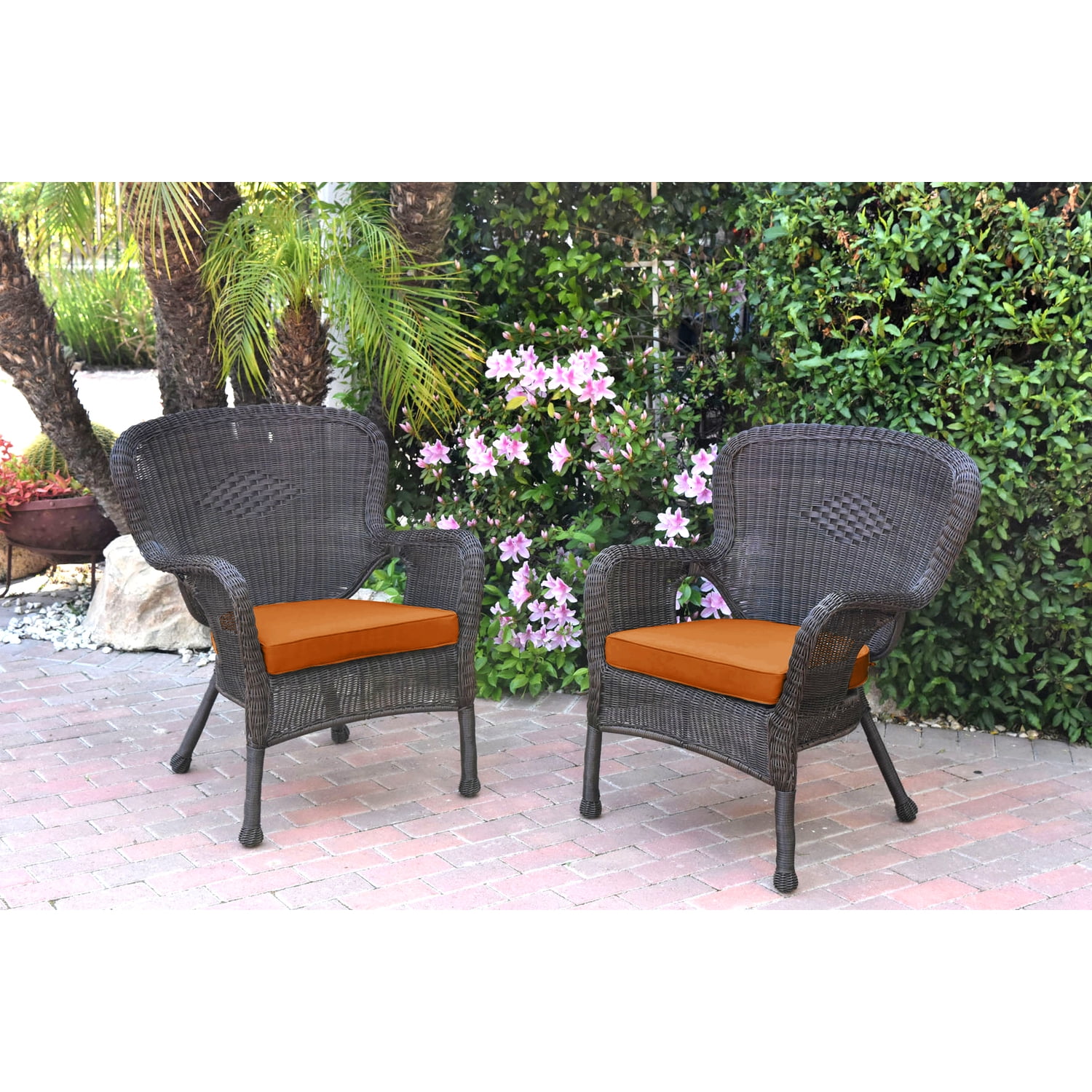 Jeco Set of 2 Windsor Espresso Resin Wicker Chair with Orange Cushions ...