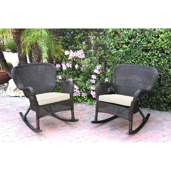Jeco Set of 2 Windsor Espresso Resin Wicker Rocker Chair with Cushions Ivory