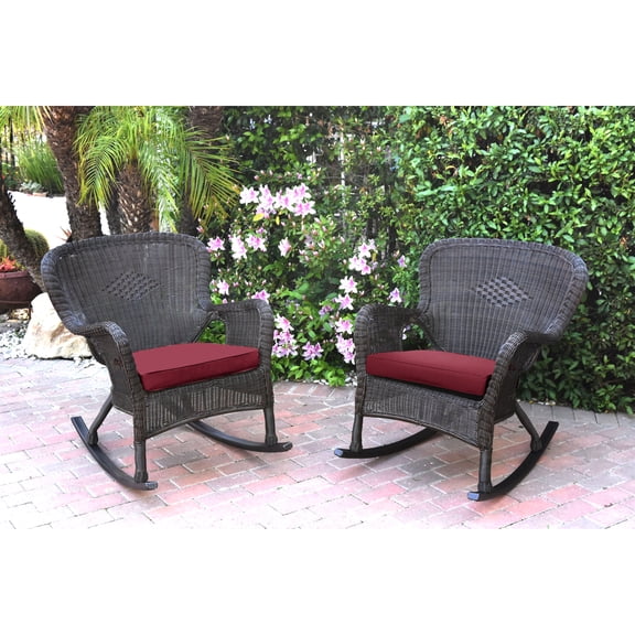 Jeco Set of 2 Windsor Espresso Resin Wicker Rocker Chair with Cushions Red