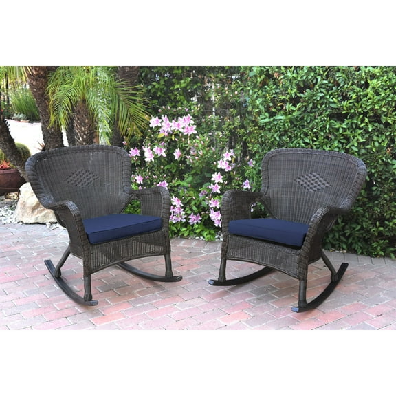 Jeco Windsor Espresso Resin Wicker Rocker Chair with Cushions (Set of 2) Blue