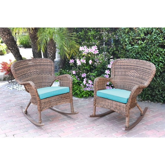 Jeco Set of 2 Windsor Honey Resin Wicker Rocker Chair with Sky Blue Cushions