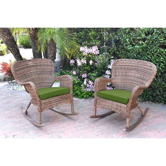 Jeco Set of 2 Windsor Honey Resin Wicker Rocker Chair with Hunter Green Cushions