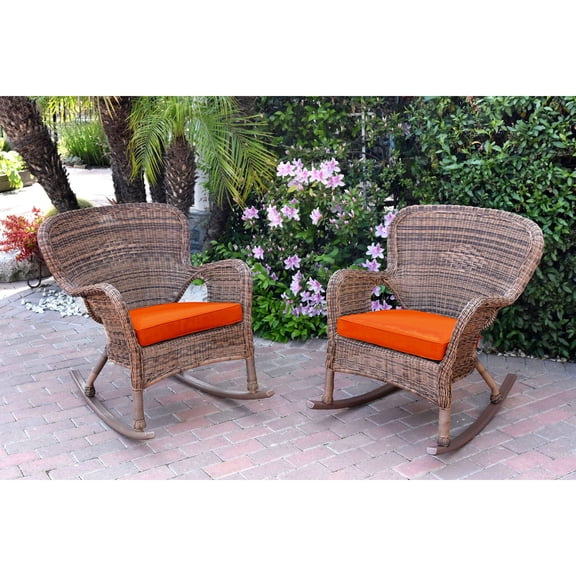 Jeco Set of 2 Windsor Honey Resin Wicker Rocker Chair with Orange Cushions