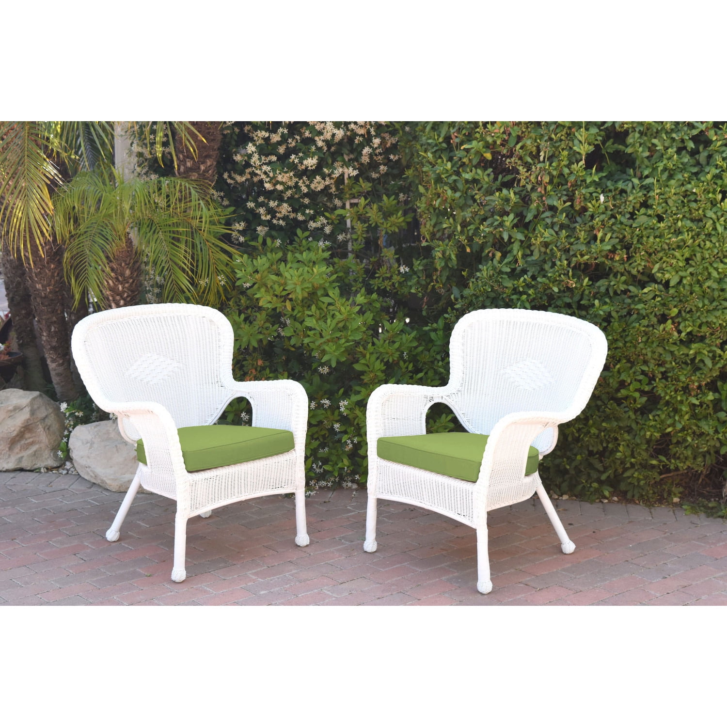 Jeco Set of 2 Windsor White Resin Wicker Chair with Sage Green Cushions ...