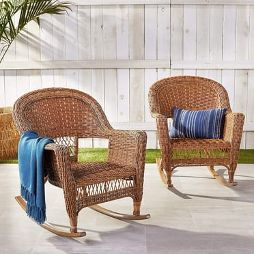 Jeco Solid Print Wicker Outdoor Adjustable Height Rocking Chair, Honey (Set of 2)